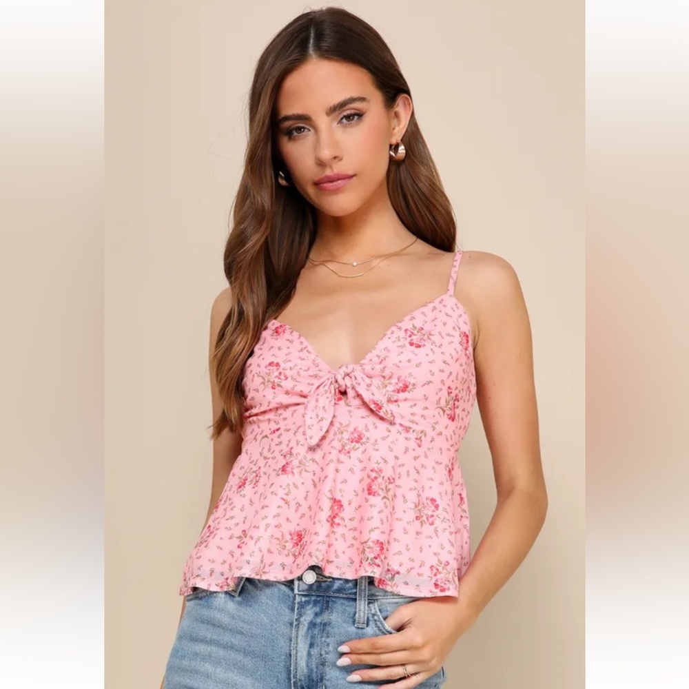 Lulus Floral Pink Tie-Front Top XL NWT - Picture 1 of 8